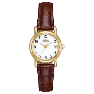 Ladies gold tone brown strap watch ew1272-01a